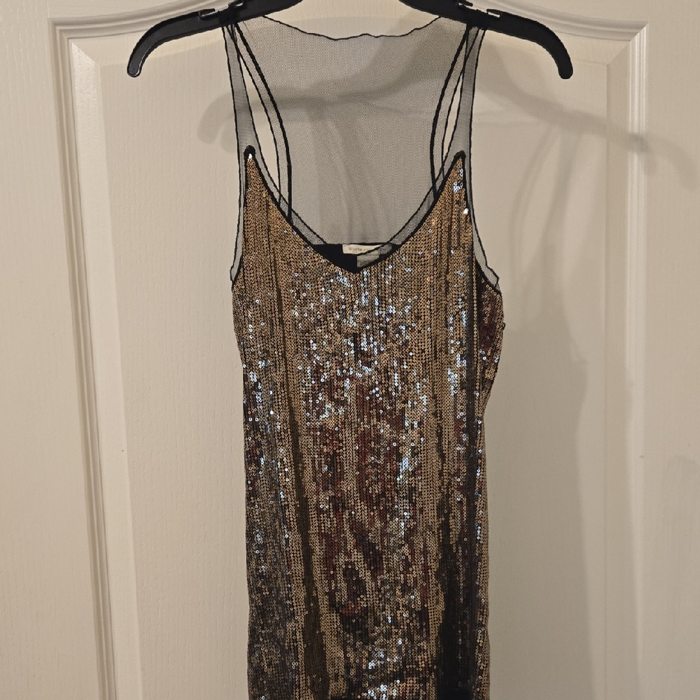 White + Warren Gold Sequined and Black Mesh Tank Top Size S